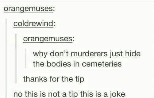 Conversation online about murderers hiding the body in a cemetery and someone thanks him for the tip which he says was actually just a joke