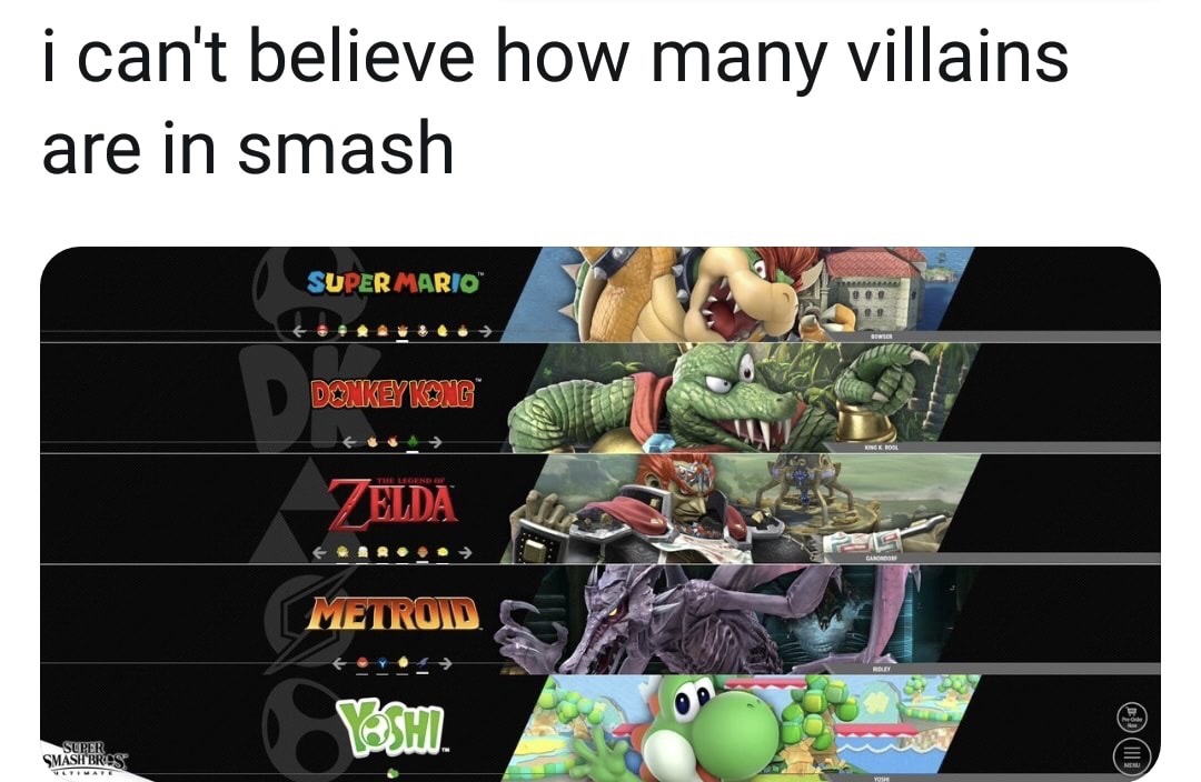 super smash bros dank meme - i can't believe how many villains are in smash Super Mario Donkey Kong Zelda E Ar... Metroid Super Smash Bros Tomate Losh