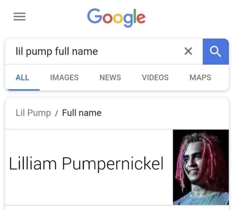 memes - lil pump full name lilliam pumpernickel - Google lil pump full name All Images News Videos Maps Lil Pump Full name Lilliam Pumpernickel