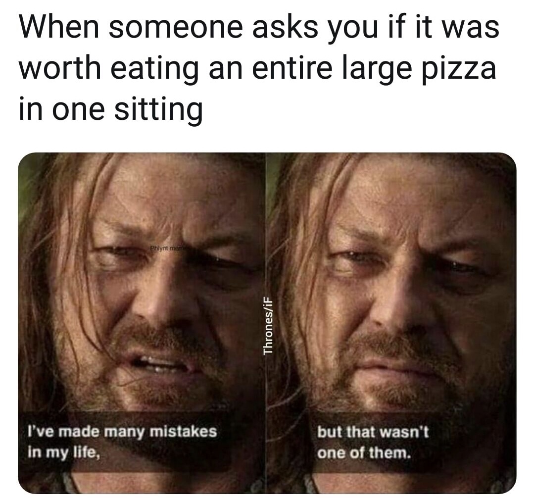 memes - introducing friends to game of thrones - When someone asks you if it was worth eating an entire large pizza in one sitting Phlynt man ThronesiF I've made many mistakes in my life, but that wasn't one of them.