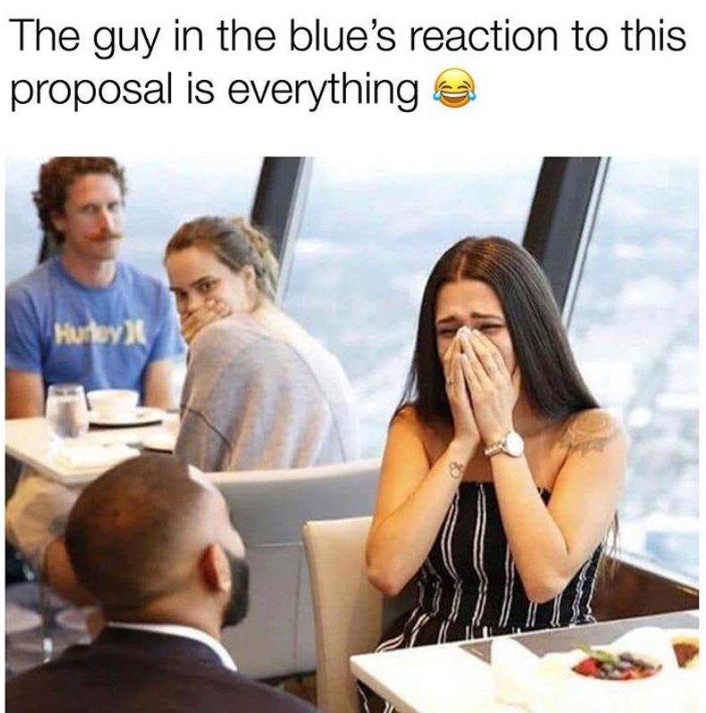 Sunday meme of an unenthusiastic guy watching a marriage proposal