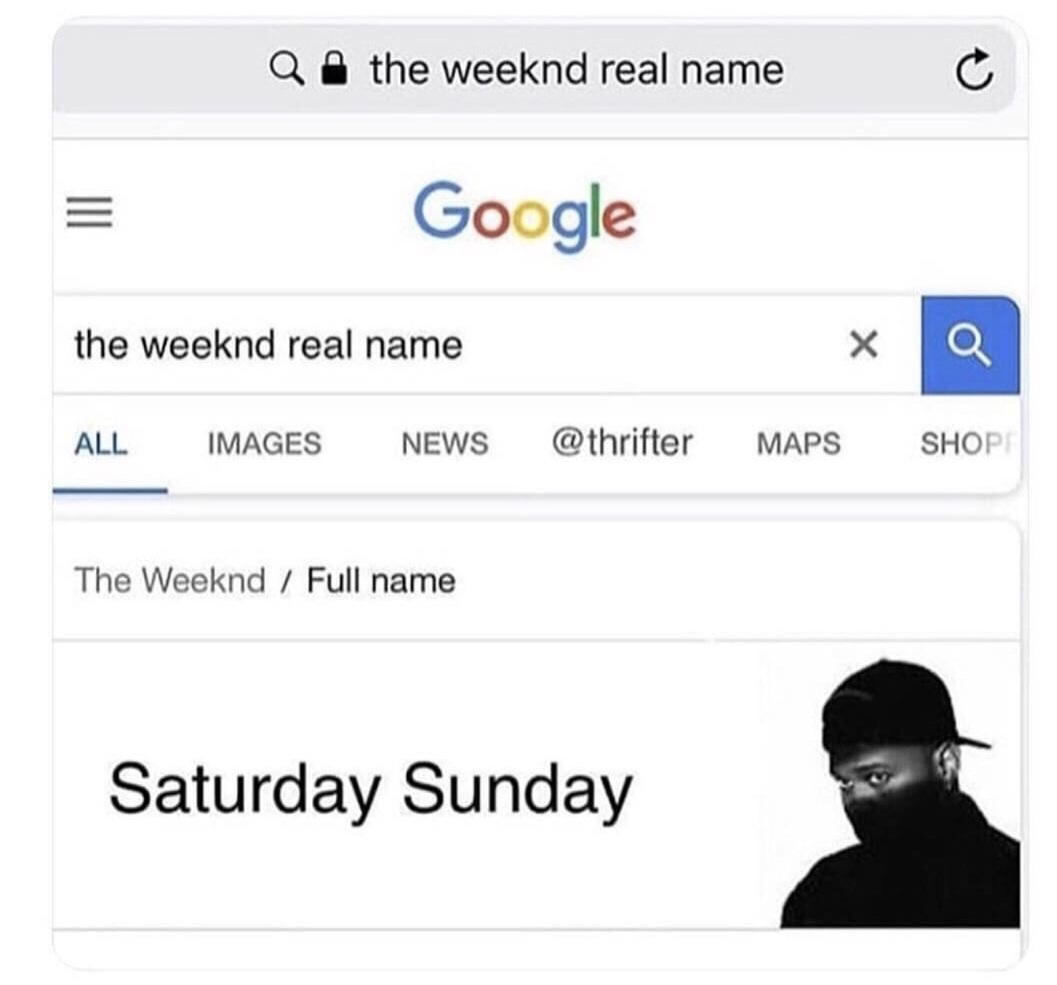 Sunday meme with google search for The Weekend's real name