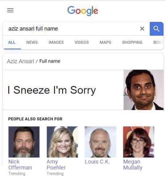 Sunday meme with google search for Aziz Ansari's real name