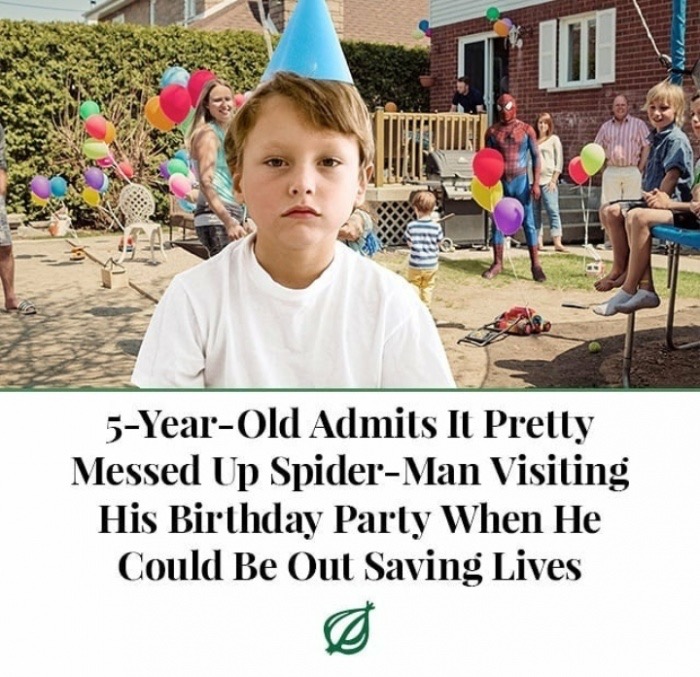 The Onion about 5 year old shocked spider man has time for his party and not to save lives