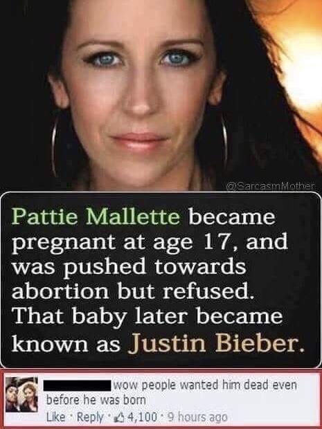 memes - Sarcasm Mother Pattie Mallette became pregnant at age 17, and was pushed towards abortion but refused. That baby later became known as Justin Bieber. wow people wanted him dead even before he was born 4,100 . 9 hours ago
