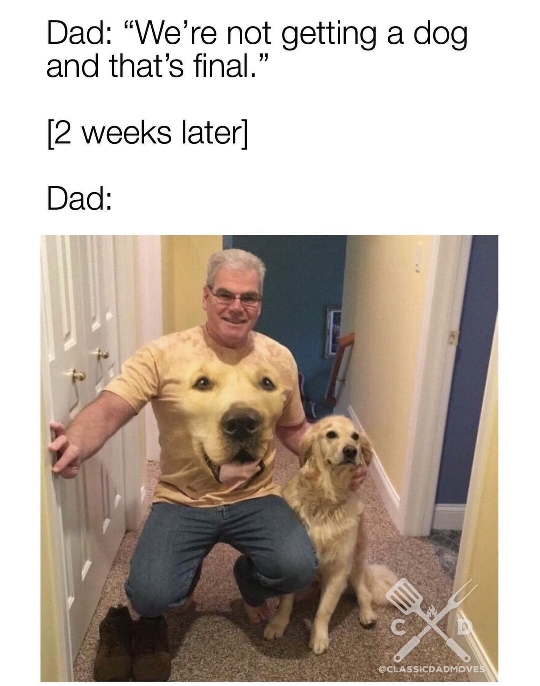 memes - dad after getting dog - Dad We're not getting a dog and that's final." 2 weeks later Dad