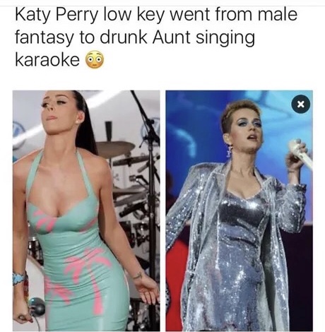 memes - katy perry aunt meme - Katy Perry low key went from male fantasy to drunk Aunt singing karaoke 6