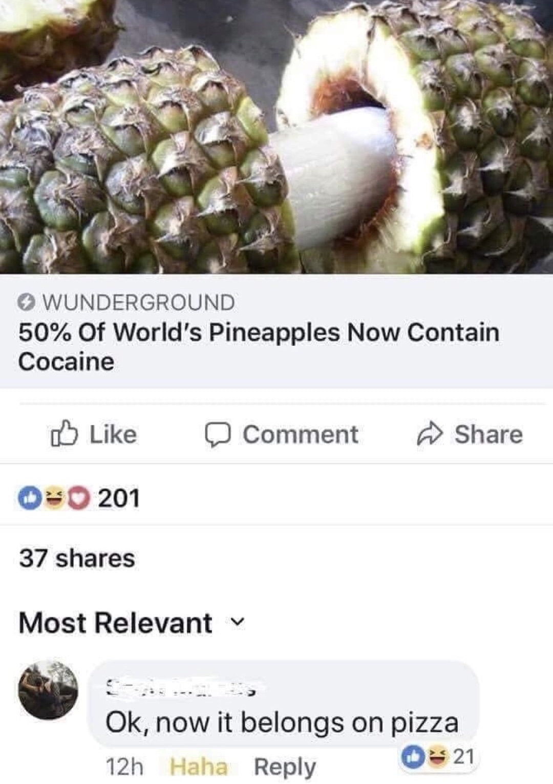 memes - cocaine pineapple - Wunderground 50% Of World's Pineapples Now Contain Cocaine Comment 00 201 37 Most Relevant Ok, now it belongs on pizza 12h Haha 21