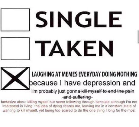 single cursed meme - Single Taken Laughing At Memes Everyday Doing Nothing because I have depression and I'm probably just gonna kill myself to end the pain and suffering fantasize about killing myself but never ing through because although I'm not intere