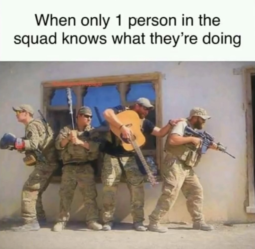 memes - ranger bard cleric monk - When only 1 person in the squad knows what they're doing