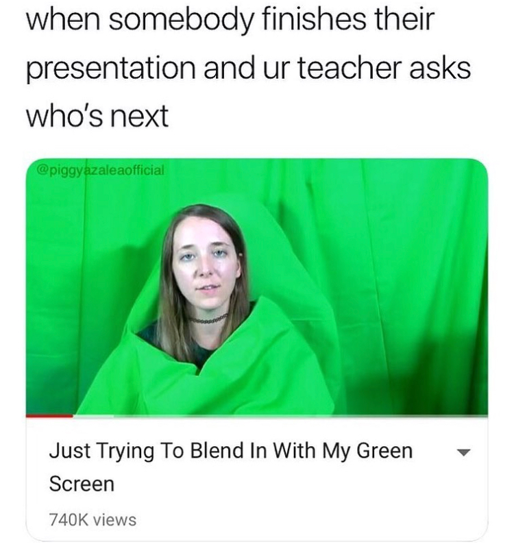 memes - human behavior - when somebody finishes their presentation and ur teacher asks who's next Just Trying To Blend In With My Green Screen views