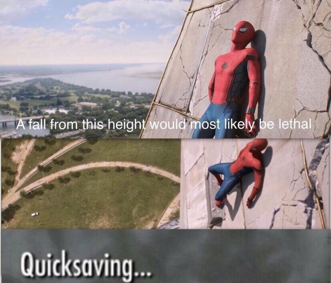 quicksaving meme - I A fall from this height would most ly be lethal Quicksaving...