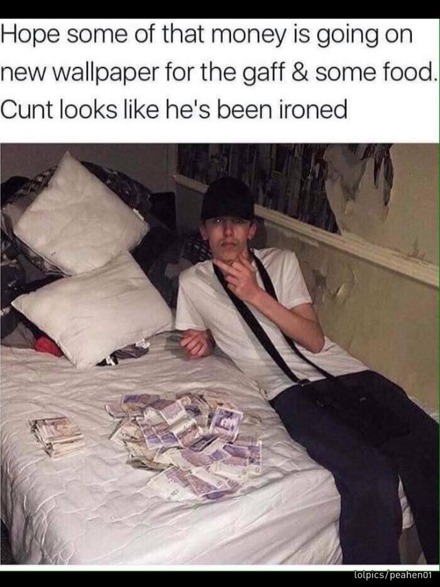 memes - cunt looks like hes been ironed - Hope some of that money is going on new wallpaper for the gaff & some food. Cunt looks he's been ironed lolpicspeaheno1
