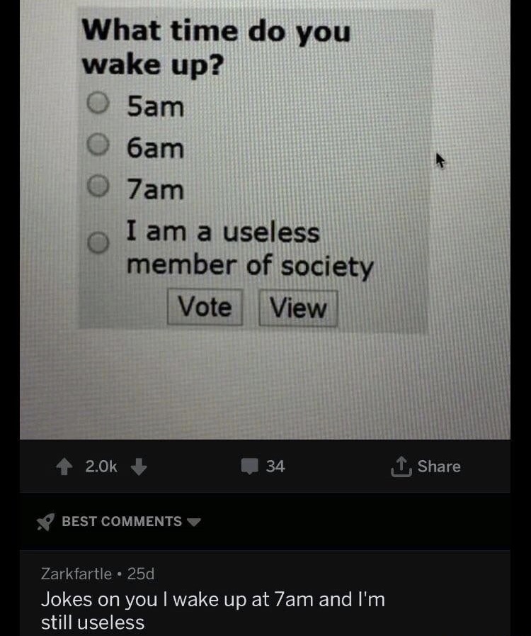 problem solving - What time do you wake up? 5am O 7am I am a useless member of society Vote View 2.02 34 Best Zarkfartle 25d Jokes on you I wake up at 7am and I'm still useless