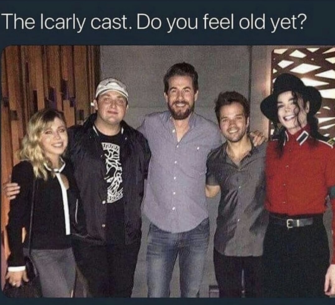 funny meme about the iCarly cast with group pic including a Michael Jackson impersonator