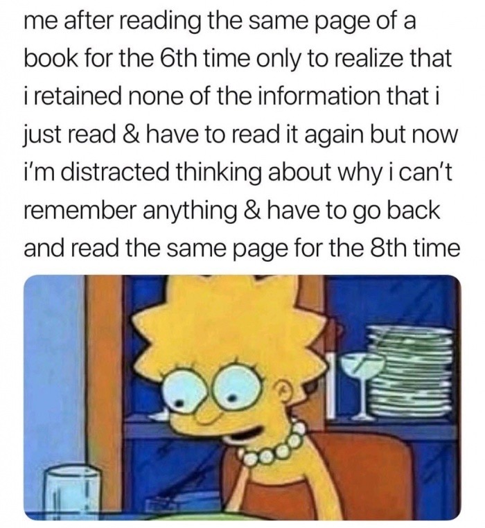funny meme about not managing to focus on reading