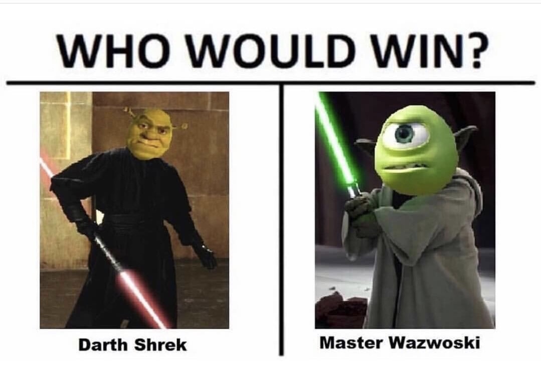 funny meme about Shrek and Mike Wazowski as Star Wars characters