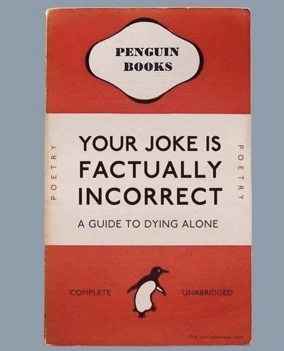 funny meme of a penguin book about telling bad jokes