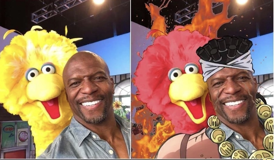 funny meme of Big Bird and Terry Crews photoshopped as Stardust Crusaders characters