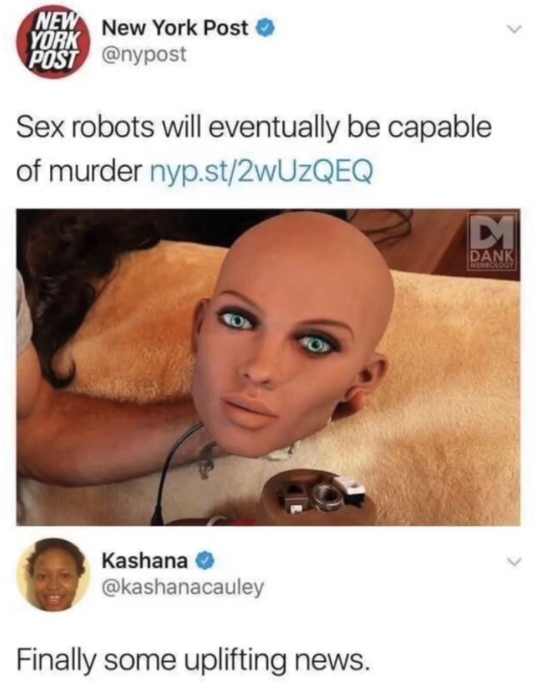 new york post - New York New York Post Sex robots will eventually be capable of murder nyp.st2wUZQEQ Dank Meme Kashana Finally some uplifting news.