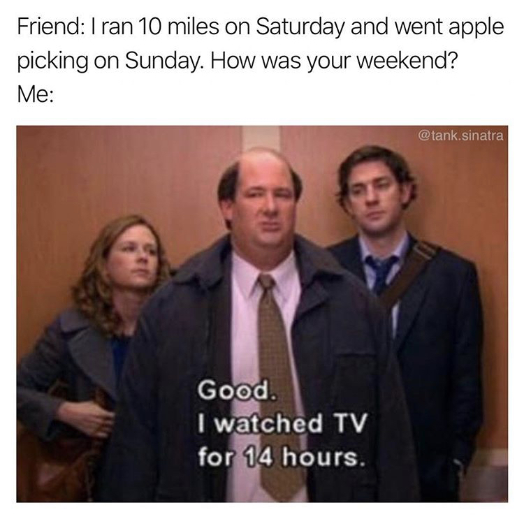 memes - your weekend meme - Friend I ran 10 miles on Saturday and went apple picking on Sunday. How was your weekend? Me .sinatra Good. I watched Tv for 14 hours.