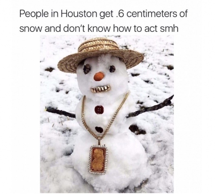 memes - snowman - People in Houston get. 6 centimeters of snow and don't know how to act smh