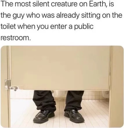 memes - public bathroom meme - The most silent creature on Earth, is the guy who was already sitting on the toilet when you enter a public restroom.