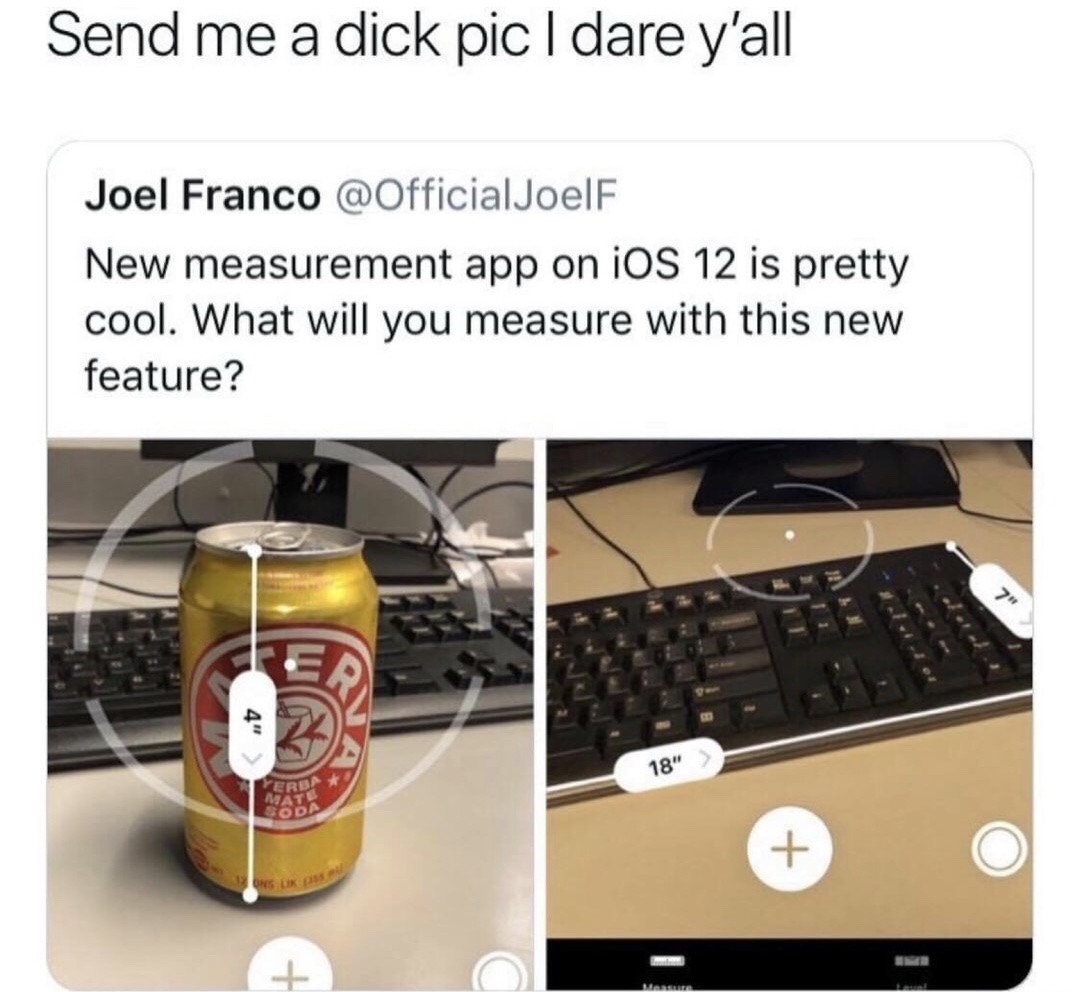 memes - ios 12 measure meme - Send me a dick pic I dare y'all Joel Franco New measurement app on iOS 12 is pretty cool. What will you measure with this new feature? 4" 18" Ere