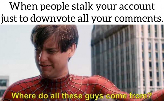 meme - When people stalk your account just to downvote all your . Where do all these guys come from?