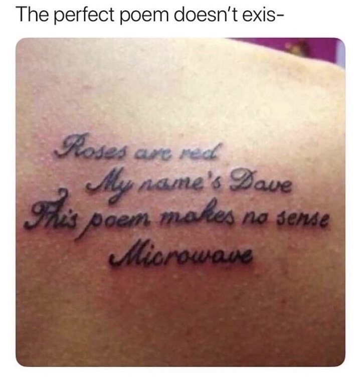 poems that will make you laugh - The perfect poem doesn't exis Roses are red My name's Dave This poem makes no sense Microwave