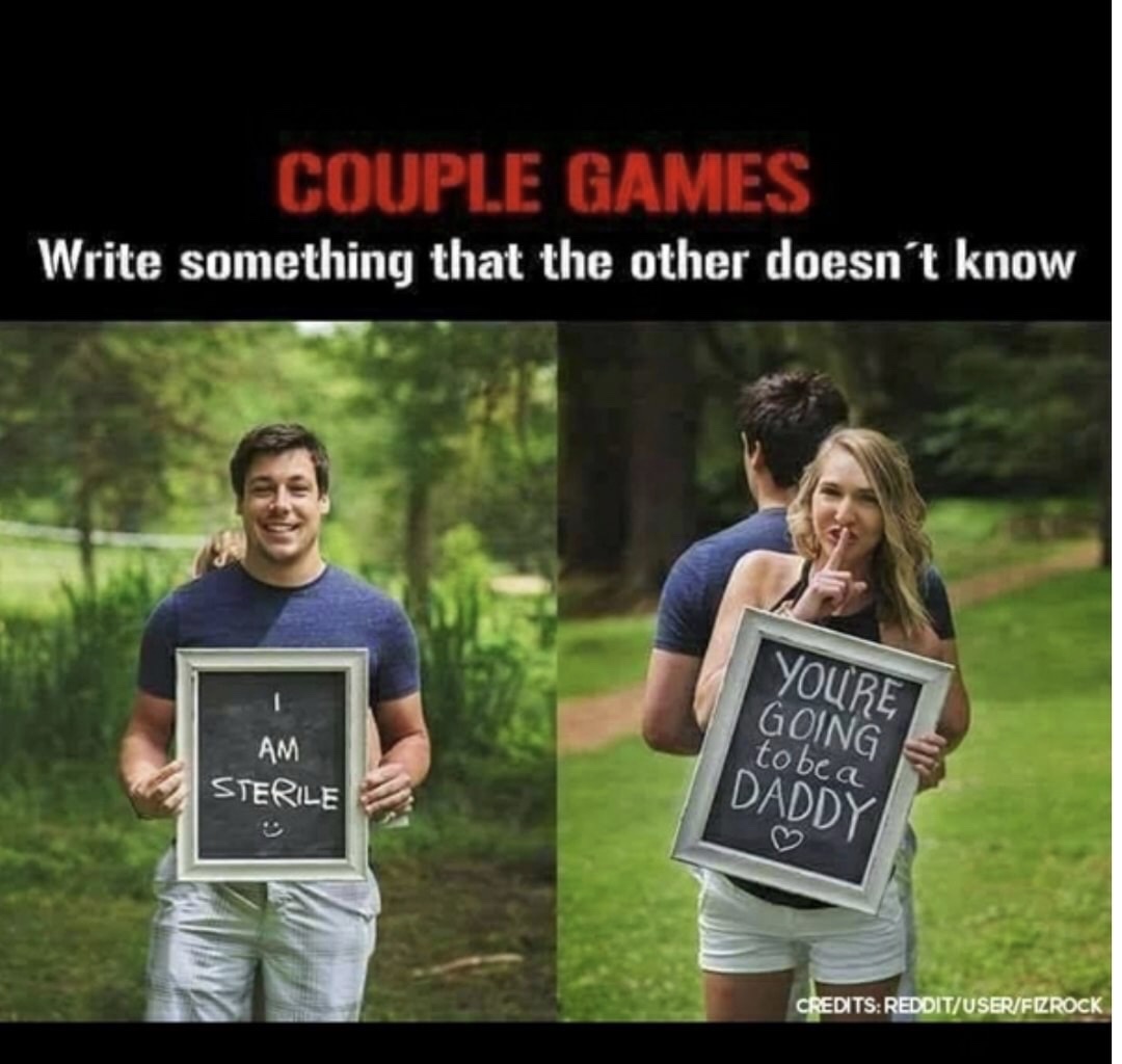 couple games meme - Couple Games Write something that the other doesn't know Youre Going to be a Daddy Am Sterile Credits RedditUserFizrock