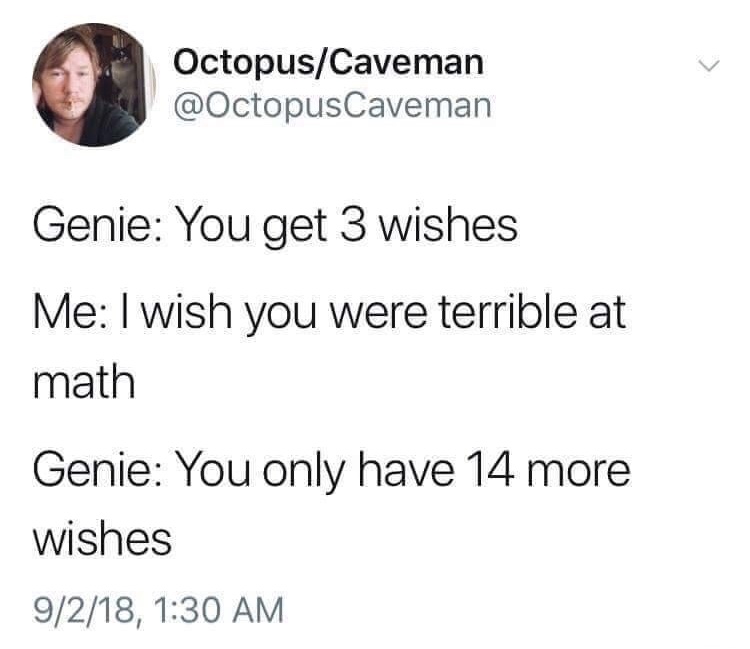 wish i was smart - OctopusCaveman Genie You get 3 wishes Me I wish you were terrible at math Genie You only have 14 more wishes 9218,