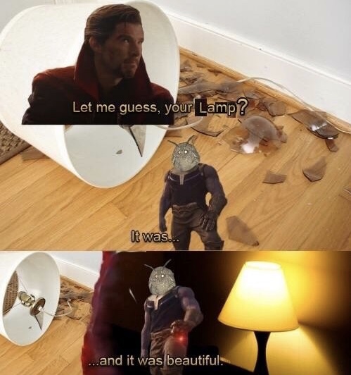 funny meme about Thanos as a moth mourning his lamp