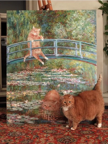 funny meme with painting of a chonk cat next to the model