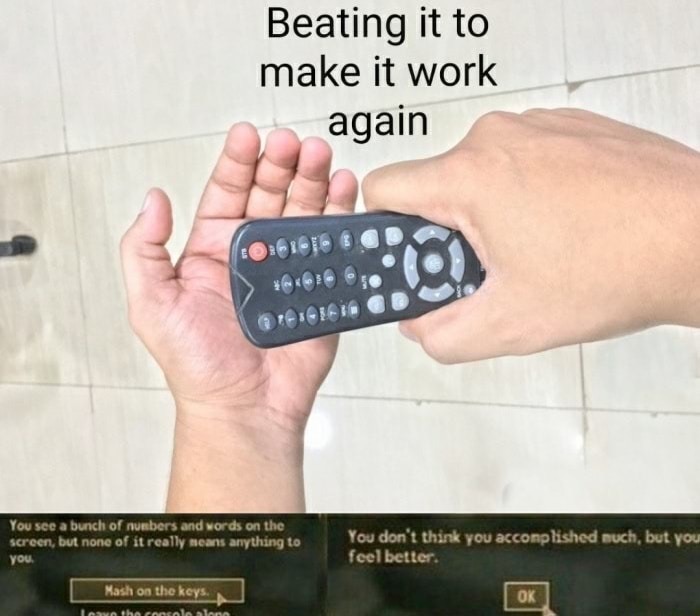 funny meme about hitting a remote control being like keyboard smashing