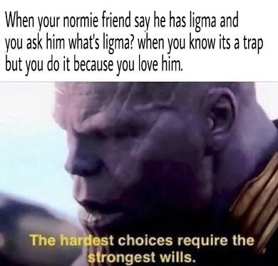 people spoil endgame - When your normie friend say he has ligma and you ask him what's ligma? when you know its a trap but you do it because you love him. The hardest choices require the strongest wills.