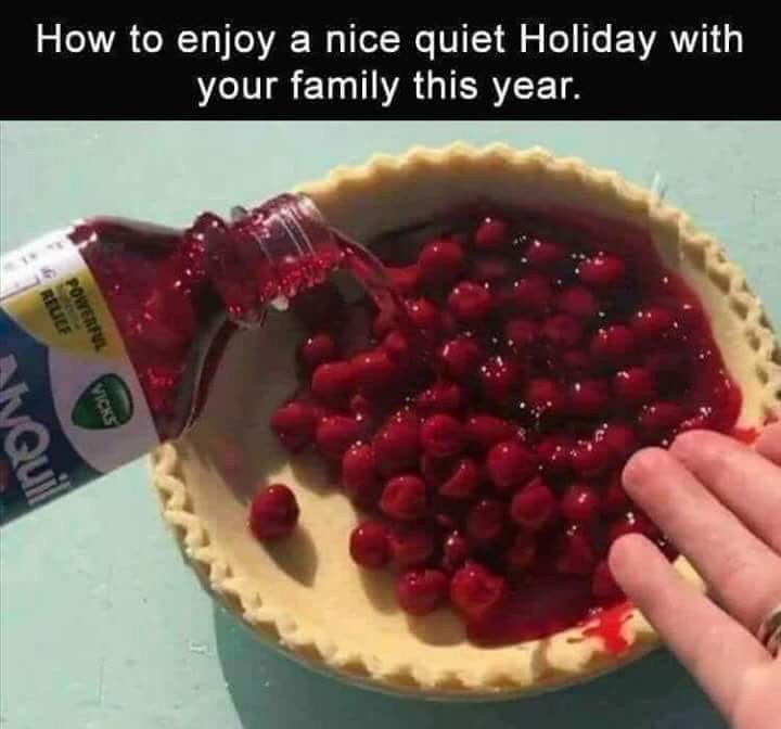nyquil pie meme - How to enjoy a nice quiet Holiday with your family this year. Reuef Powerful syQuil
