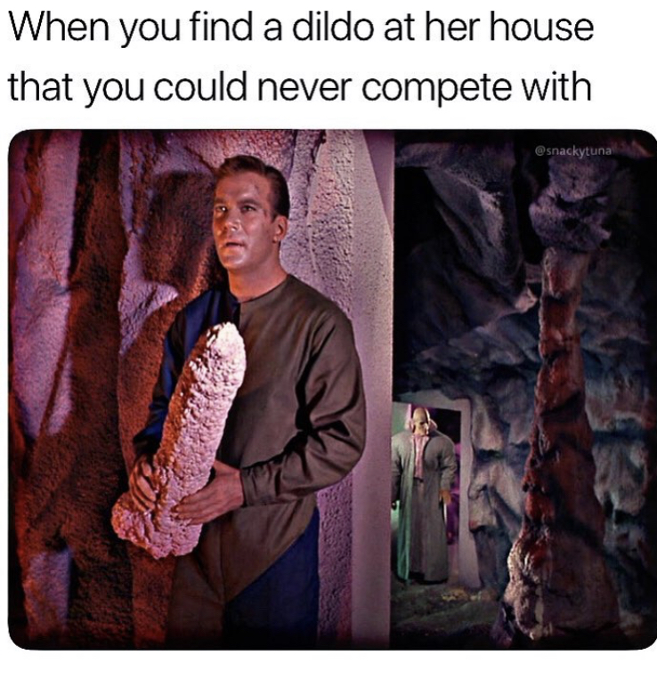 Sexy meme of Captain Kirk holding massive phallus dildo