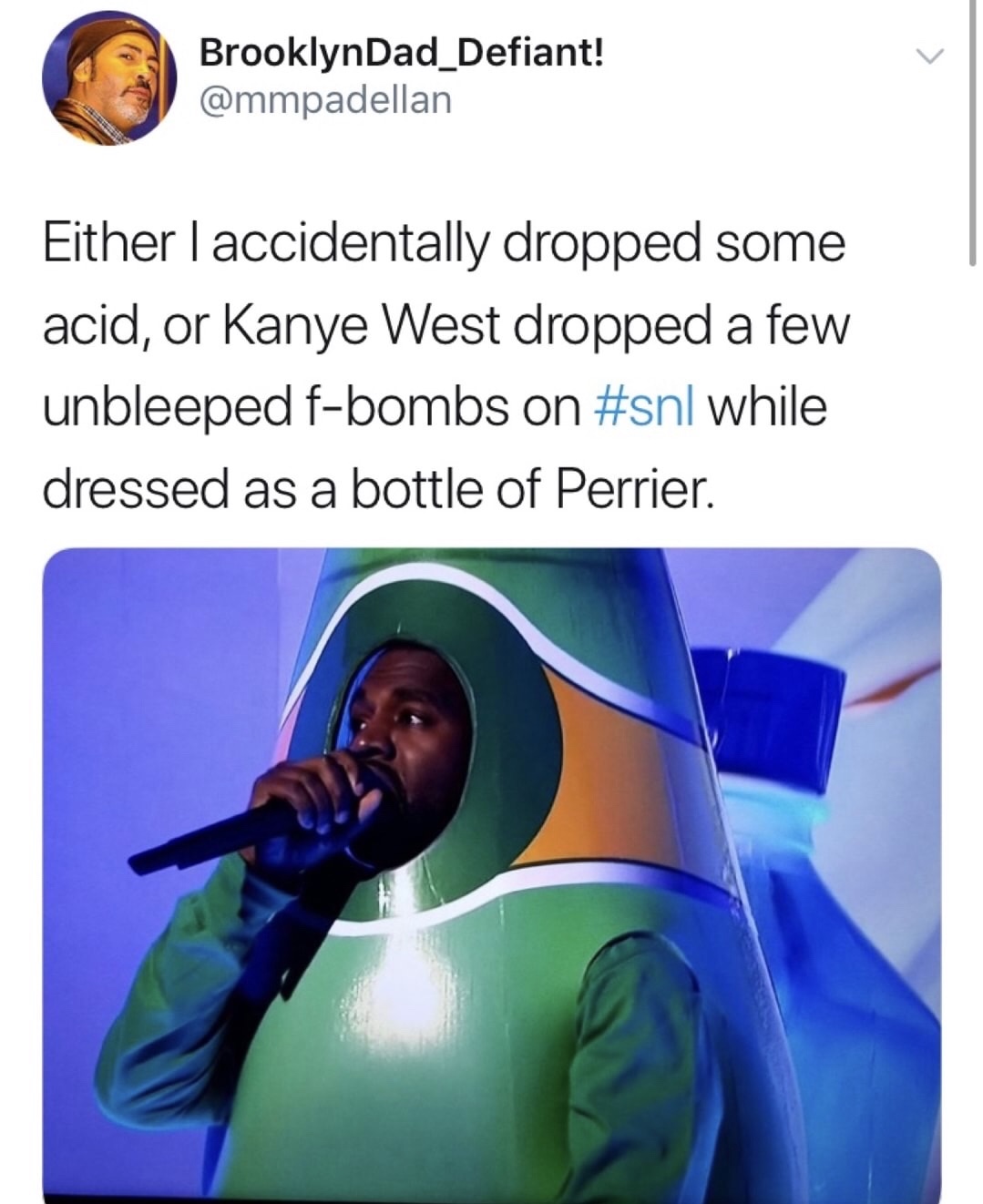 Kanye meme about taking acid and seeing him in a bottle suite
