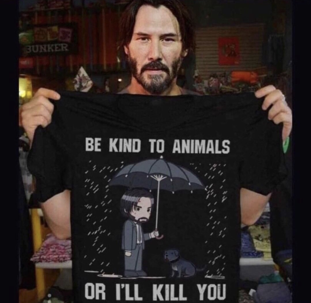 Keanu meme warning you to be kind to animals on a T-shirt