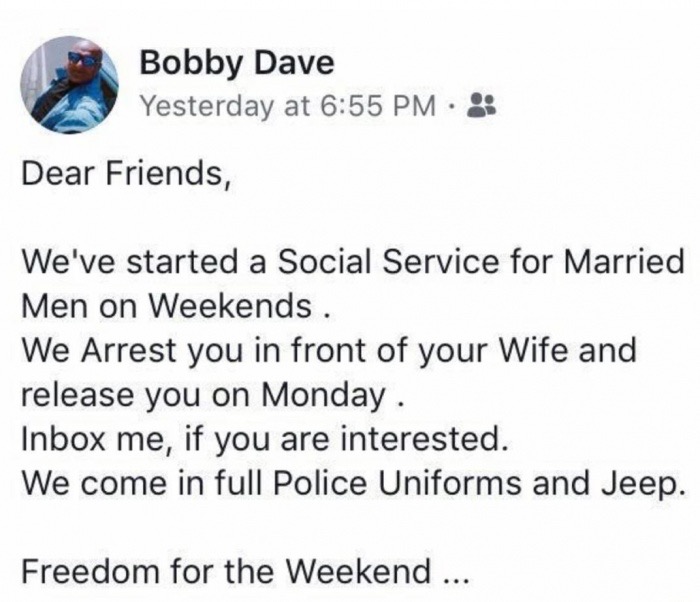 jim carrey masturbate tweet - Bobby Dave Yesterday at Dear Friends, We've started a Social Service for Married Men on Weekends. We Arrest you in front of your Wife and release you on Monday. Inbox me, if you are interested. We come in full Police Uniforms