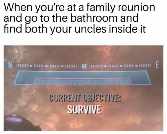 survival mode meme - When you're at a family reunion and go to the bathroom and find both your uncles inside it 11 Neue Current Objective Survive