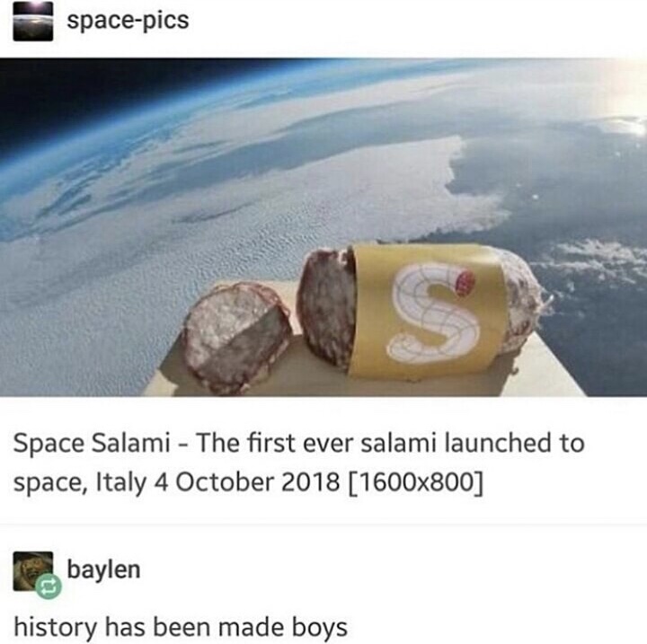 first salami in space - spacepics Space Salami The first ever salami launched to space, Italy 1600x800 baylen history has been made boys