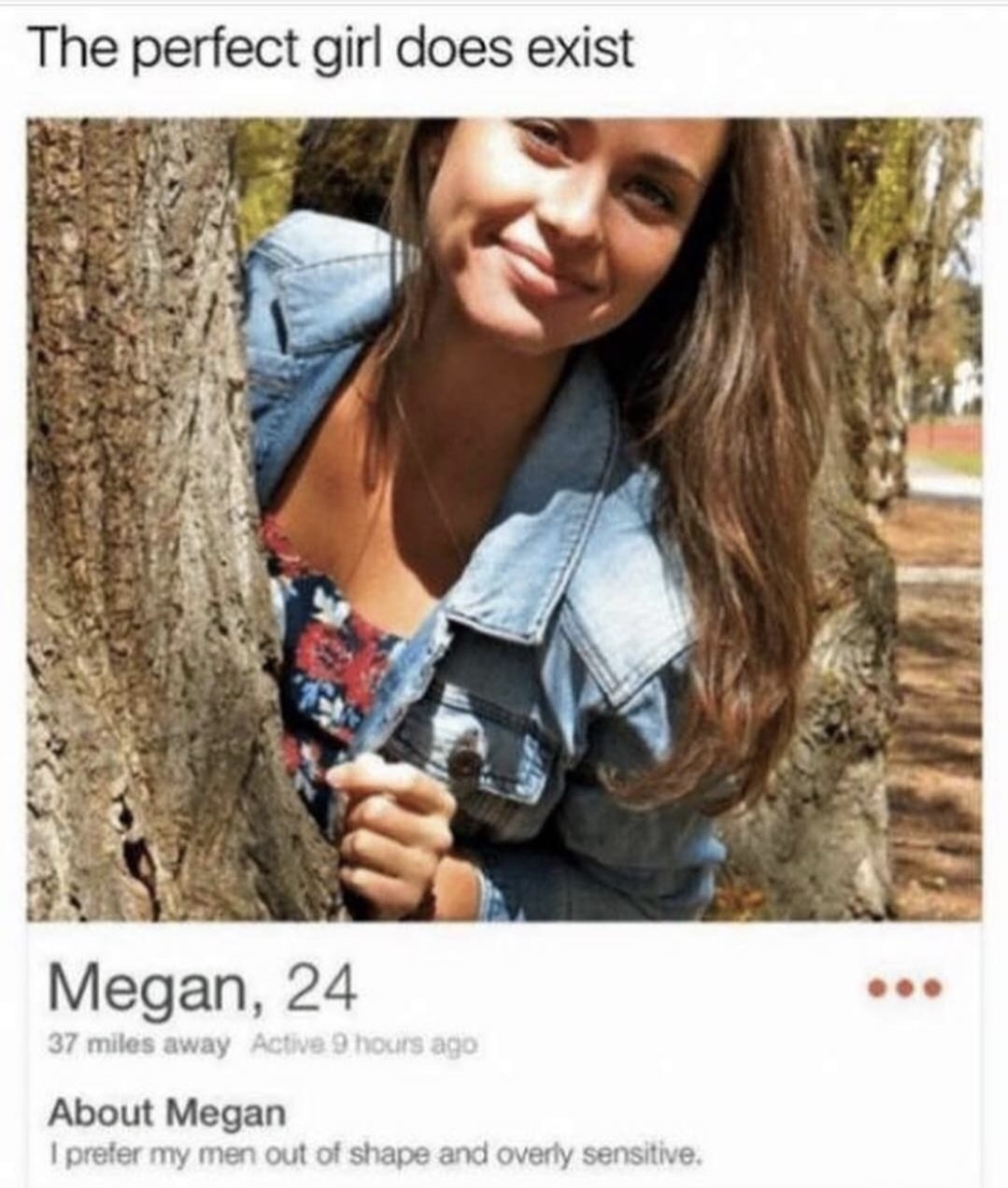 perfect girl meme - The perfect girl does exist Megan, 24 37 miles away Active 9 hours ago About Megan I prefer my men out of shape and overly sensitive