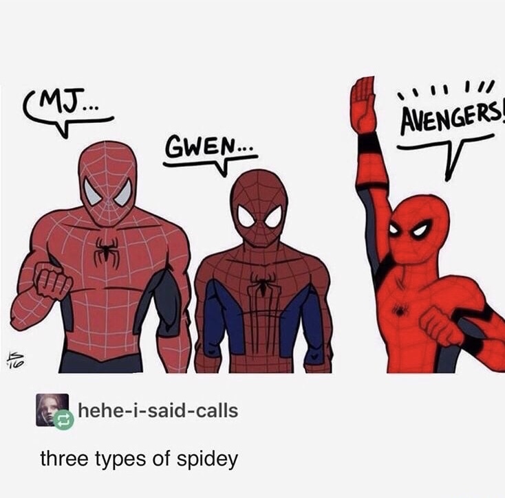 meme steam - spiderman tobey tom andrew - Mj.. Avengers Gwen... E heheisaidcalls three types of spidey