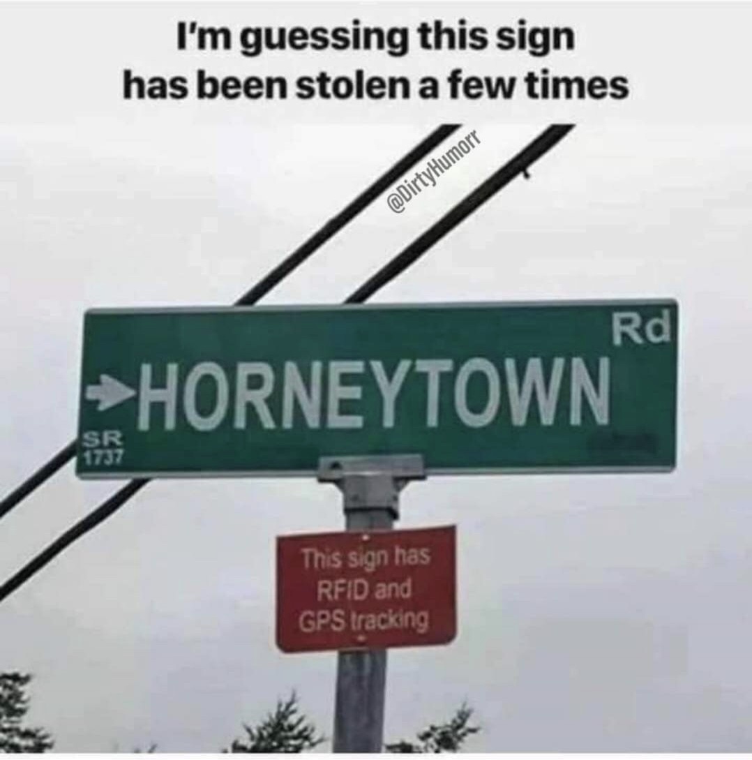 memes - horny town sign - I'm guessing this sign has been stolen a few times Rd Horneytown Sr This sign has Rfid and Gps tracking