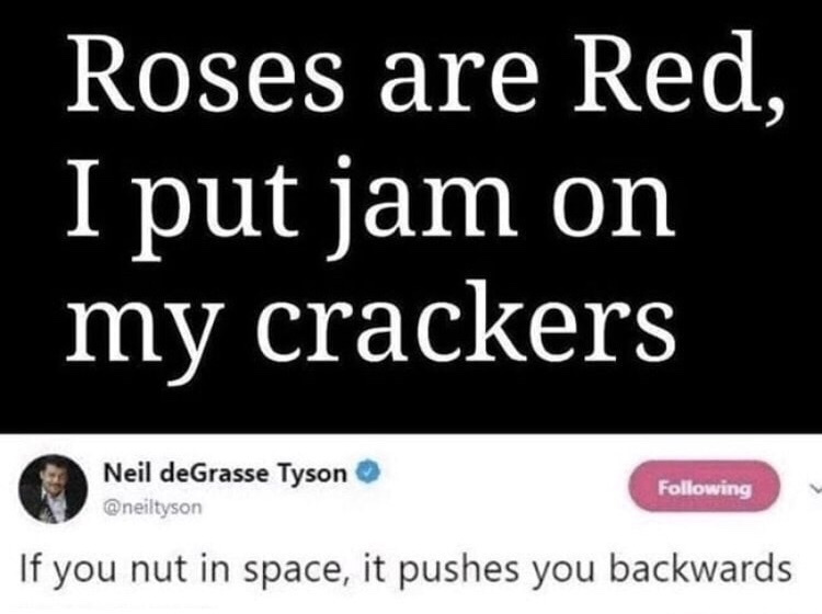 memes - website - Roses are Red, I put jam on my crackers Neil deGrasse Tyson ing If you nut in space, it pushes you backwards