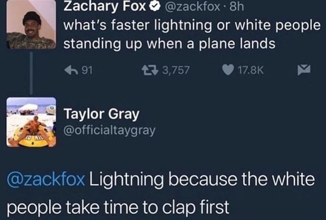 presentation - Zachary Fox . 8h what's faster lightning or white people standing up when a plane lands 691 27 3,757 V Taylor Gray Lightning because the white people take time to clap first