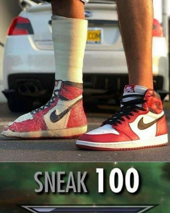 funny meme with pic of a leg in a cast painted like a Nike shoe