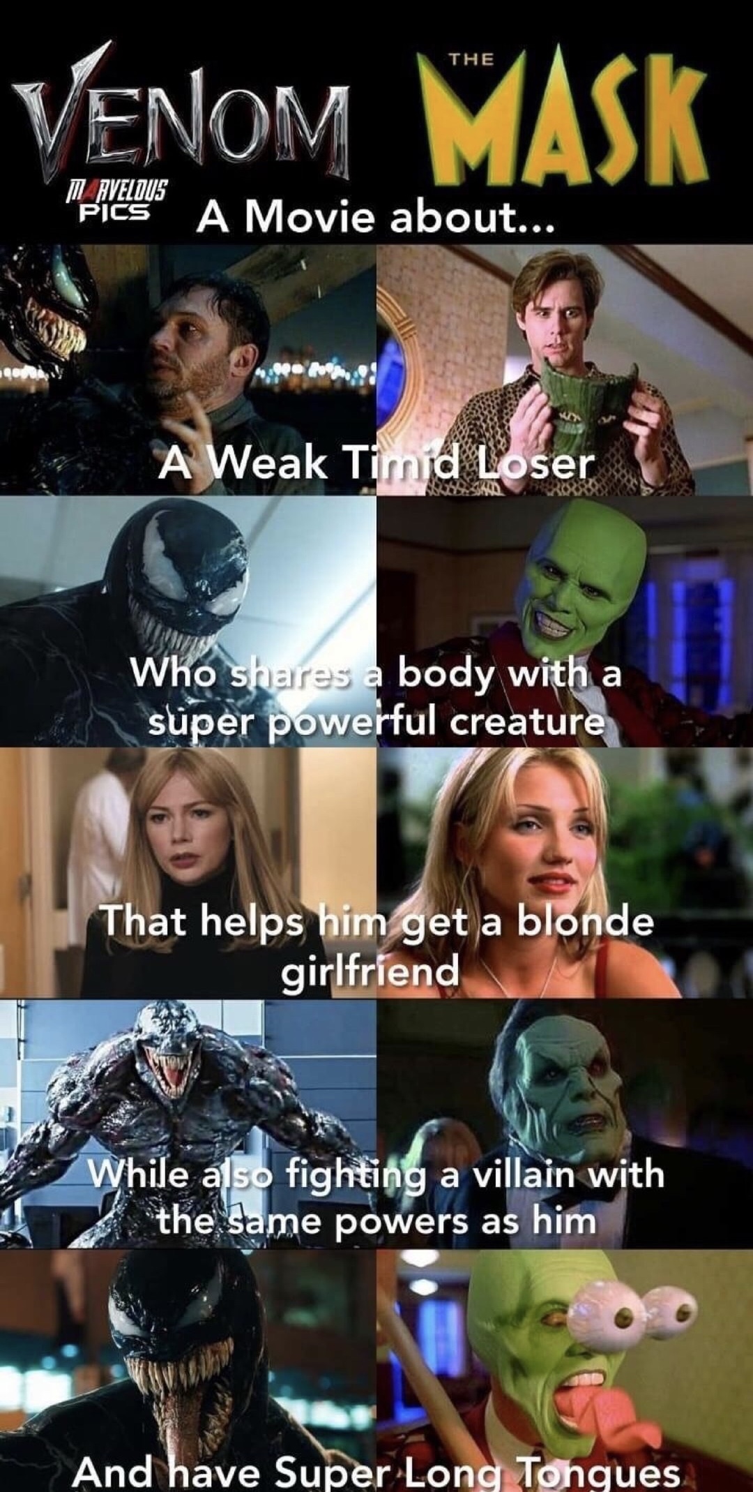 memes - nothing is original anymore - Venom Mask Pics A Movie about... A Weak Timd Loser Who e body with a super powerful creature That helps him get a blonde girlfriend While also fighting a villain with the same powers as him . And have Super Long Tonqu